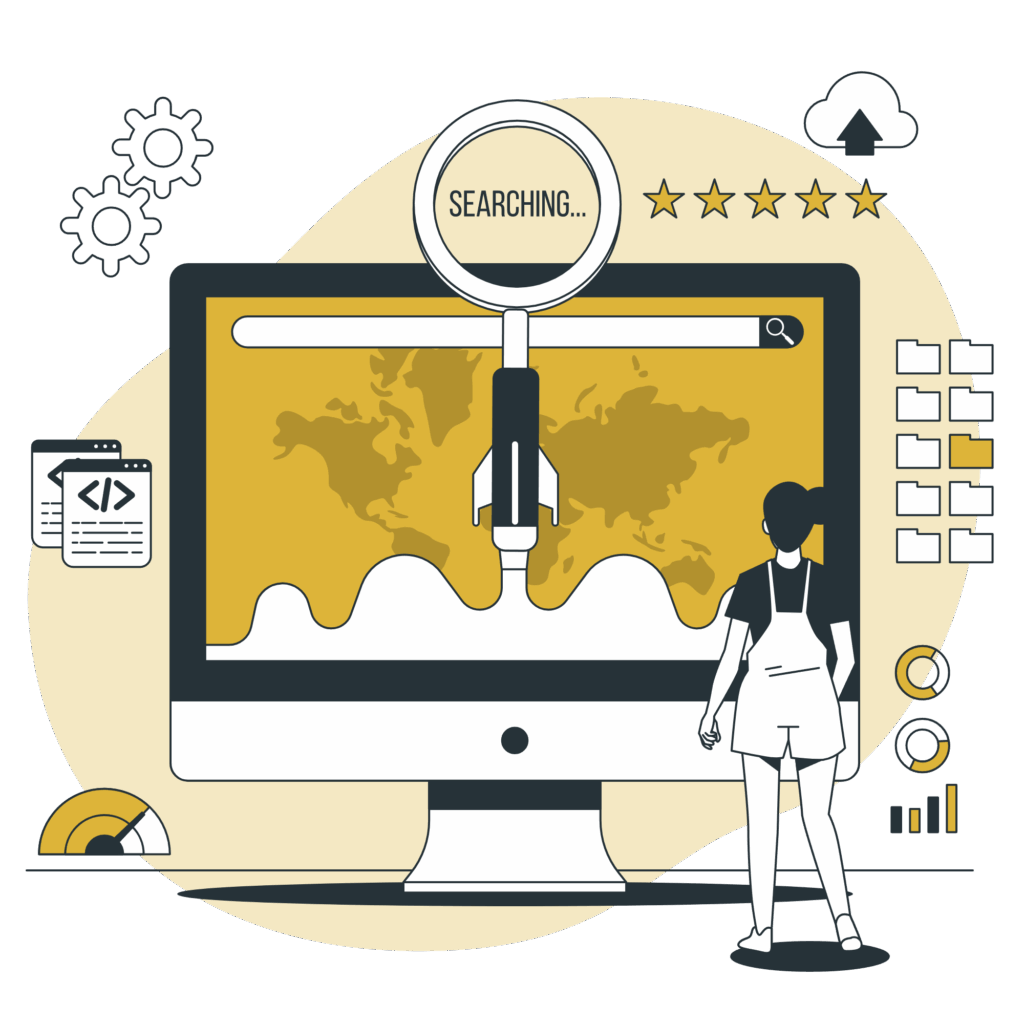 Illustration of a person analyzing global search results on a computer with SEO, coding, and cloud icons.