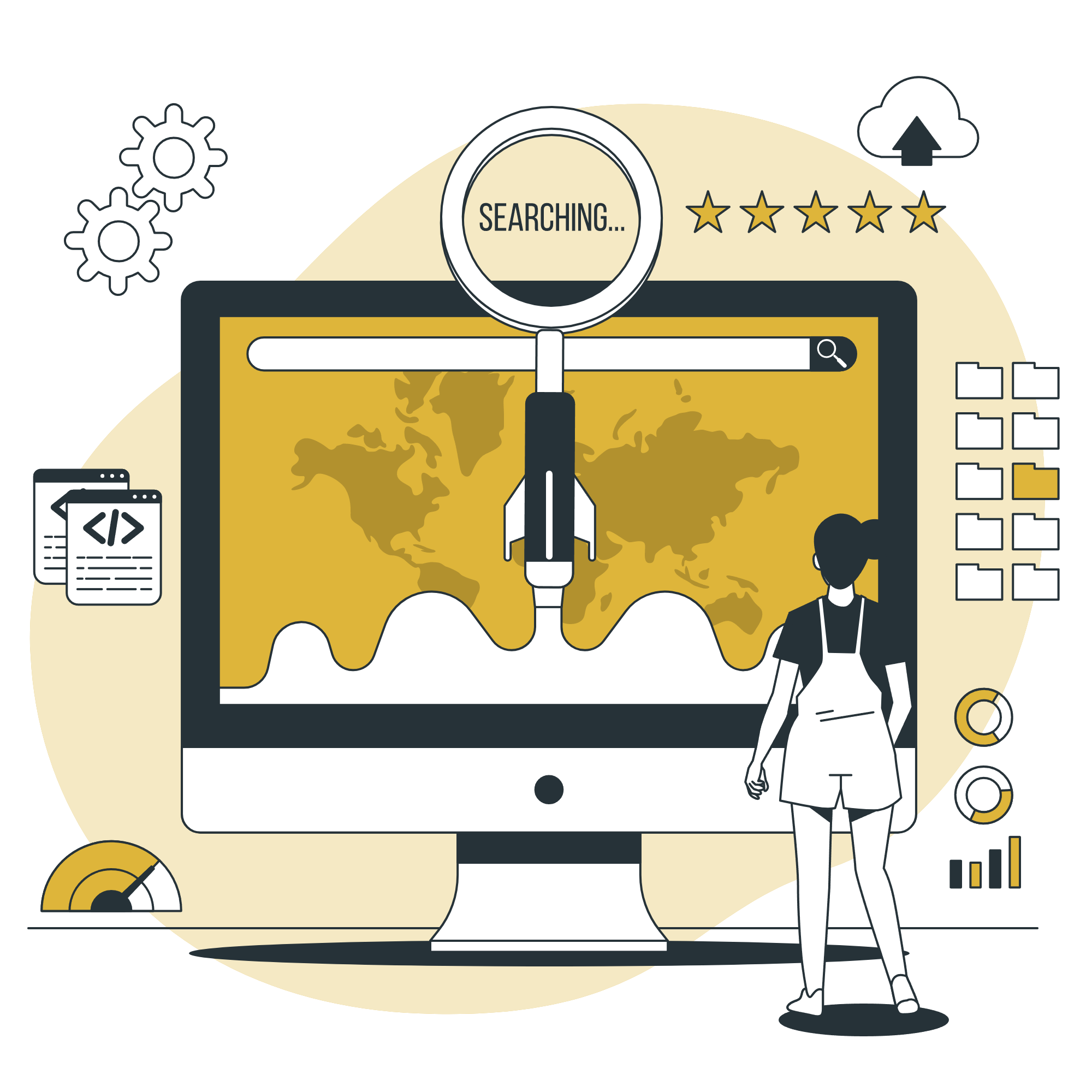 Illustration of a person analyzing global search results on a computer with SEO, coding, and cloud icons.