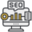 A desktop monitor displaying a bar chart, a magnifying glass icon, and an "SEO" speech bubble.
