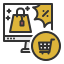 A computer monitor displays a shopping bag with a price tag and a percentage sign burst.