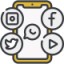 A mobile phone displaying various social media app icons including WhatsApp, Facebook, Twitter, and Instagram.