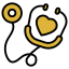 Yellow stethoscope icon with a heart symbol, representing health checkups and medical care.