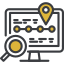 A computer monitor displays a timeline with a location pin and magnifying glass highlighting a point.
