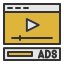 A web browser window with a video player displaying "ADS" below it, indicating video advertising.