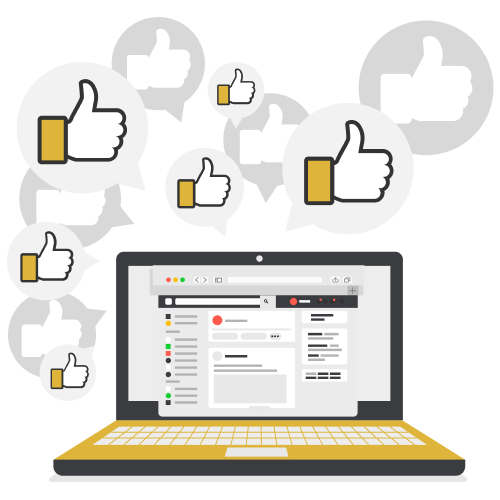 A laptop screen displays social media content, surrounded by floating "thumbs-up" like icons.