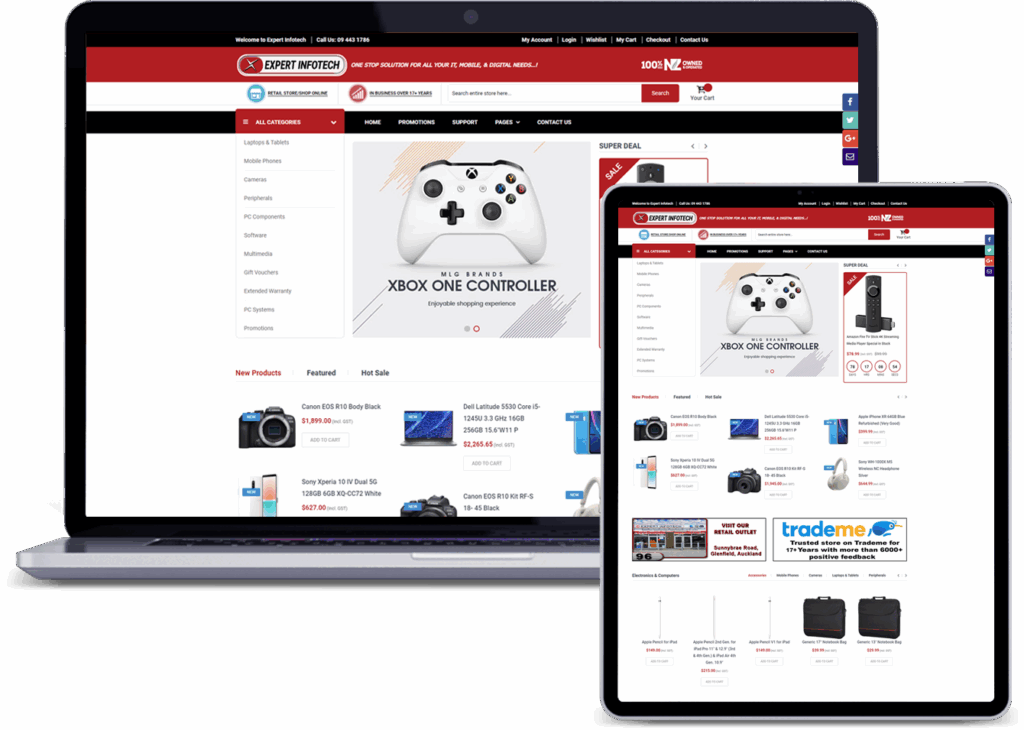 A laptop and tablet showing the "EXPERT INFOTECH" website, featuring an Xbox One controller.