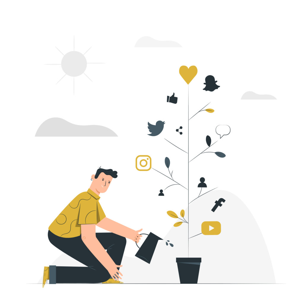 A person waters a plant growing social media icons like Instagram, Twitter, and Facebook.
