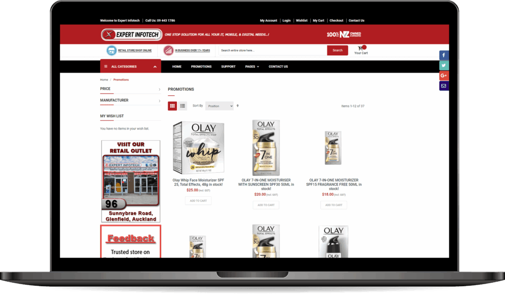 A laptop displaying the "Expert Infotech" website, featuring Olay skincare products and store info.