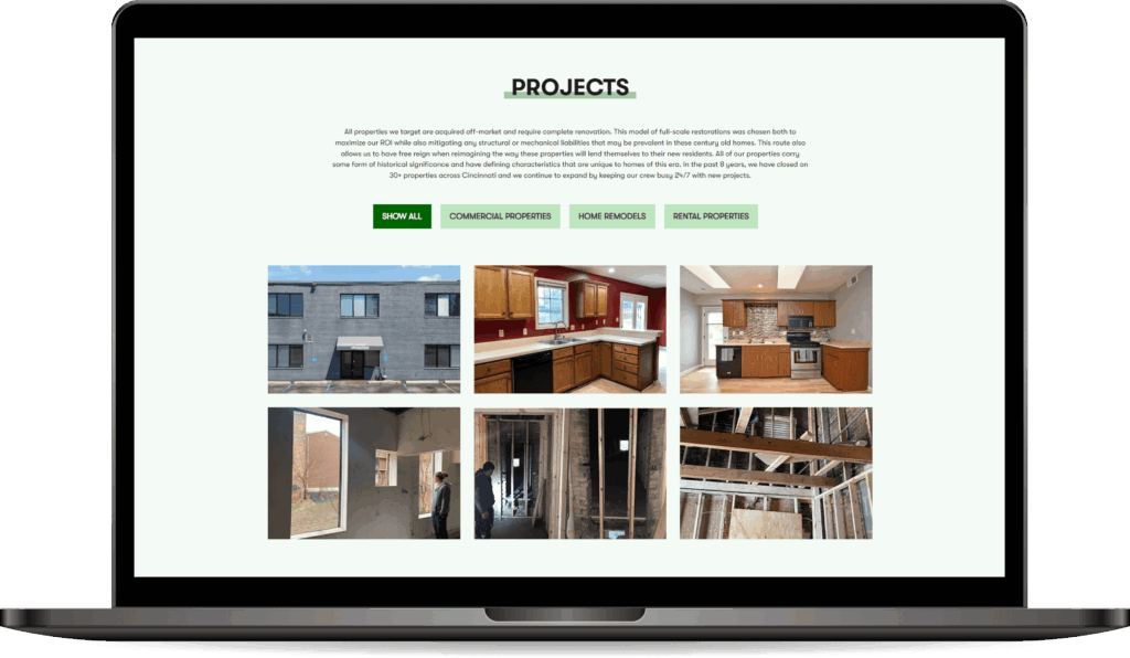 A laptop displays a "PROJECTS" webpage with categories for commercial, home, and rental properties.