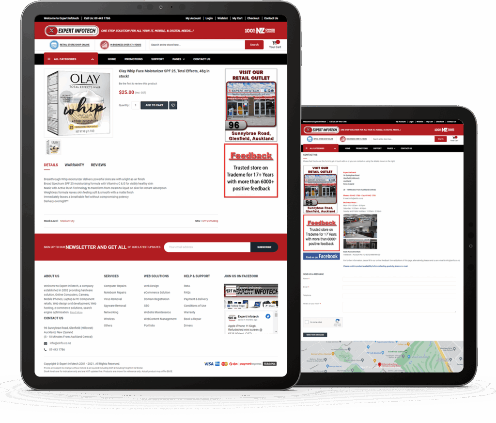 A laptop displaying the "Expert Infotech" website, featuring Olay skincare products and store info with responsive