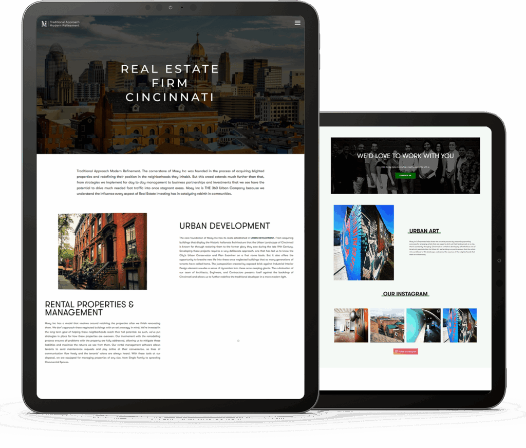 A tablet and phone display a website for a "REAL ESTATE FIRM CINCINNATI" with property images.