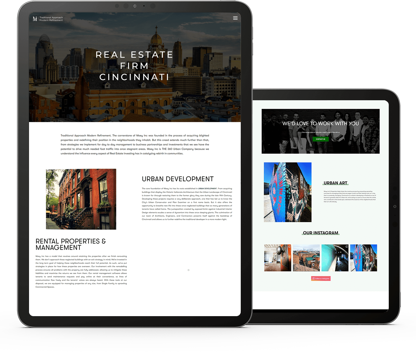 A tablet and phone display a website for a "REAL ESTATE FIRM CINCINNATI" with property images.