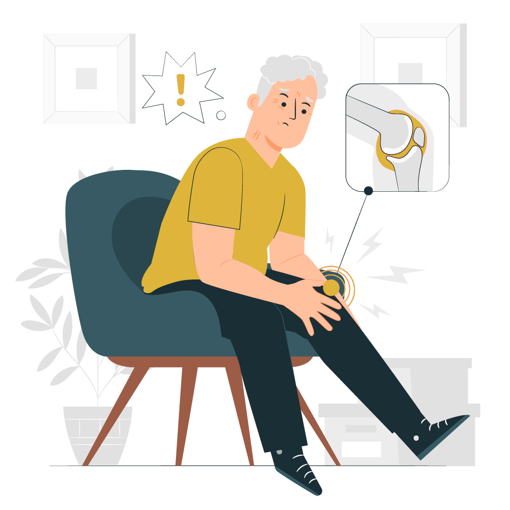 Old man has pain in his knee.