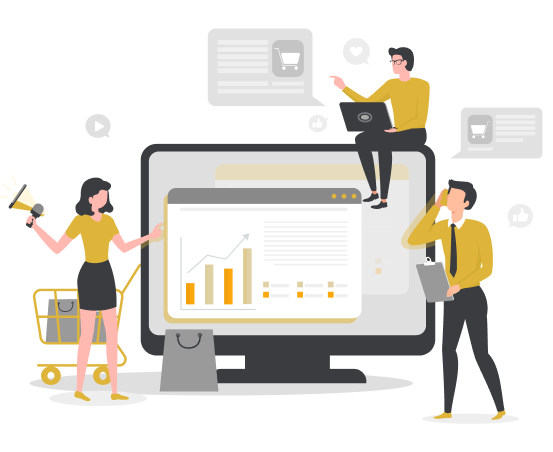 A team collaborates around a large monitor displaying charts, representing e-commerce and marketing.