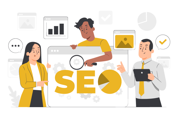Three people engaging with a large "SEO" text, surrounded by data visualization icons.