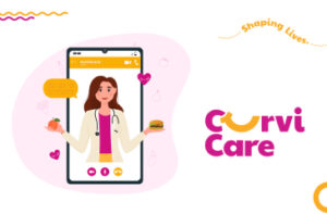 Female nutritionist on phone, holding fruit and burger, with Corvi Care logo.
