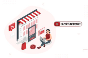 An isometric illustration of a woman shopping online with a laptop next to an e-commerce website.