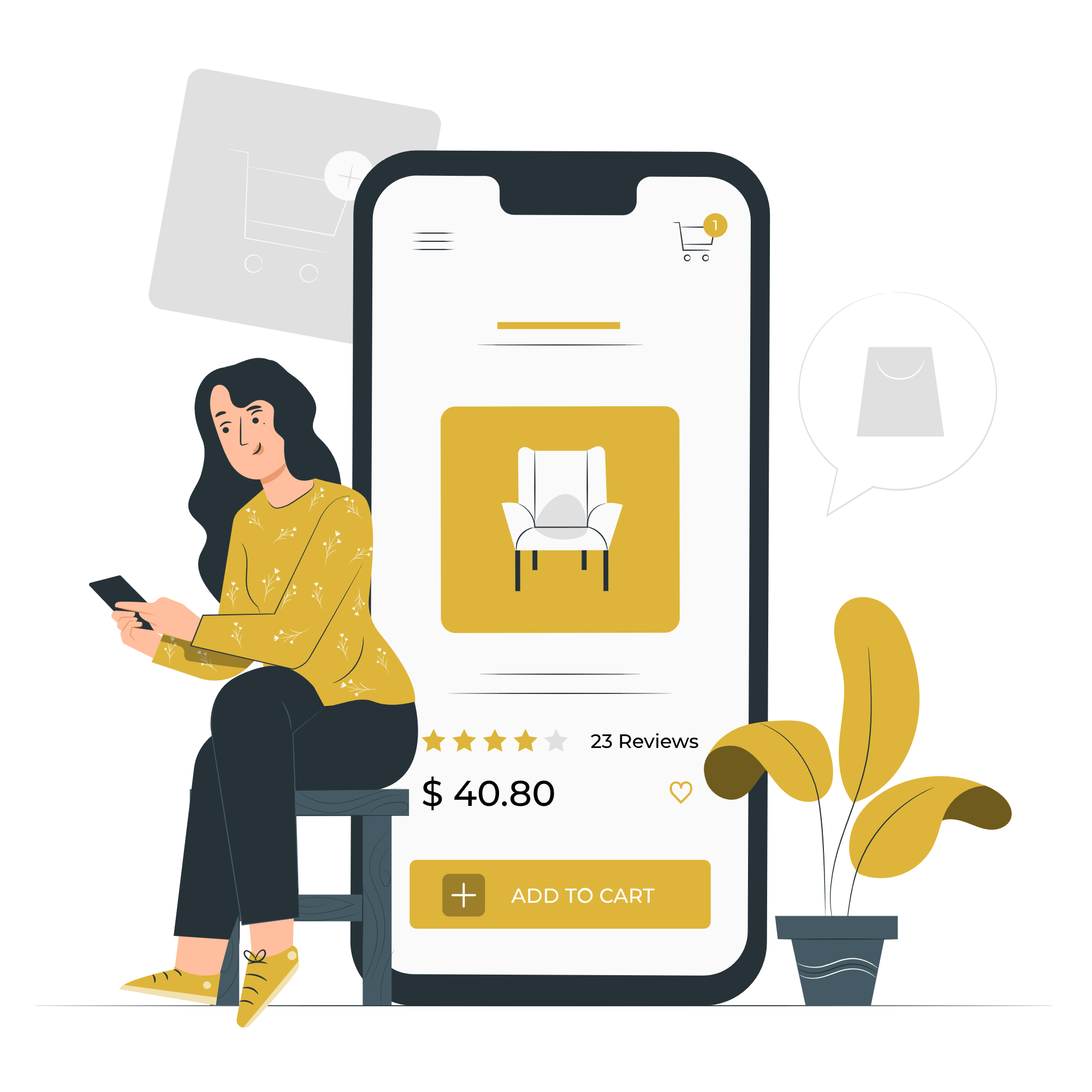 A woman shops online using her phone, displaying an armchair product with price and reviews.