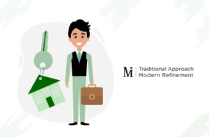 Illustration of a smiling man with a briefcase and large house key, next to a logo.