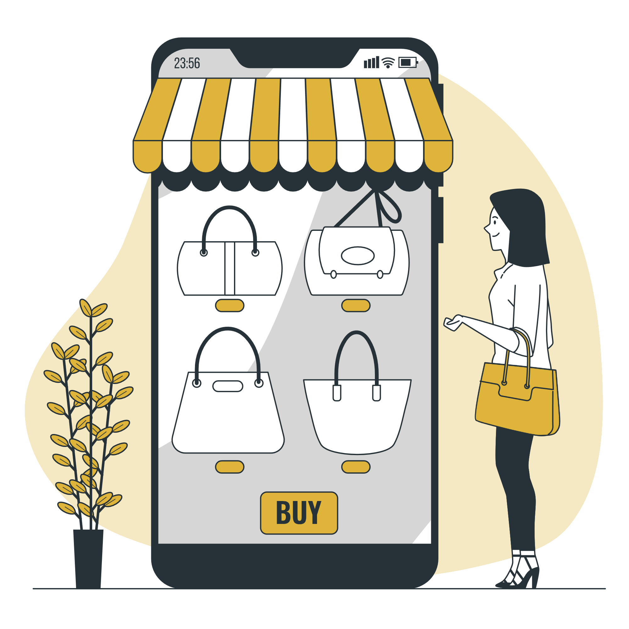 A woman viewing a mobile app storefront displaying various handbags, with a "BUY" button.