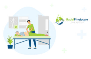 A physical therapist treats a patient on a table, with the "RapidPhysiocare" logo.
