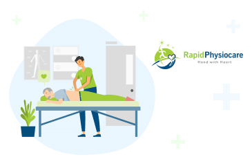 A physical therapist treats a patient on a table, with the "RapidPhysiocare" logo.