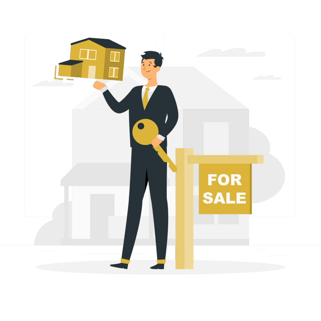 A realtor in a suit holds a house and a key, standing next to a "FOR SALE" sign.