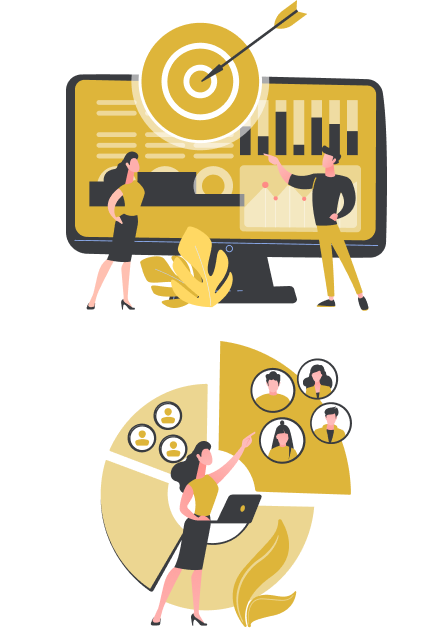 A business-themed image showing people analyzing data on a monitor and a woman interacting with a pie chart.