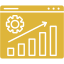 Golden browser window: gear, upward arrow, bar chart. Represents progress/optimization.