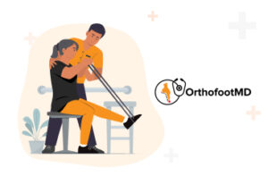 A patient doing physical therapy with a therapist, next to the OrthofootMD logo.