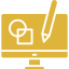 A solid golden monitor icon displaying a circle, a square, and a pencil, representing design.