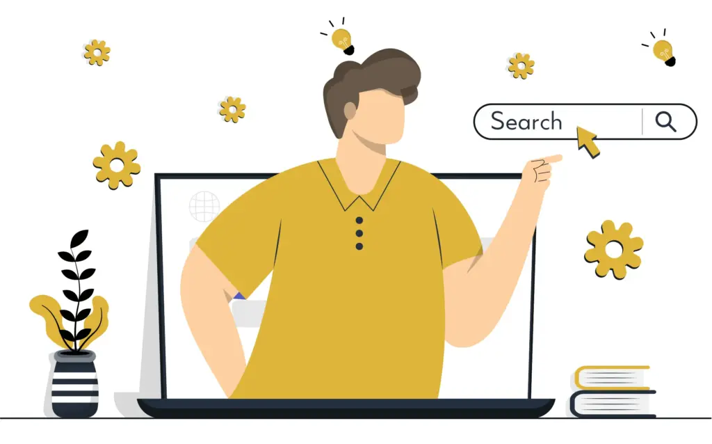SEO illustration of person pointing at search bar while emerging from laptop screen with icons