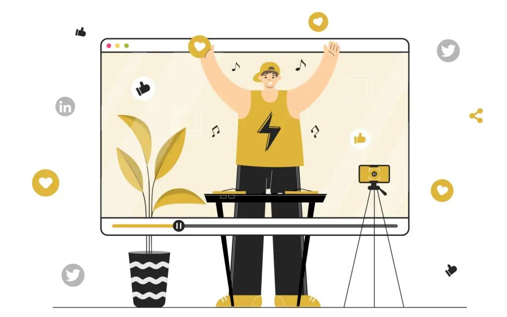 DJ livestream performance on social media with likes, music notes, and audience engagement icons