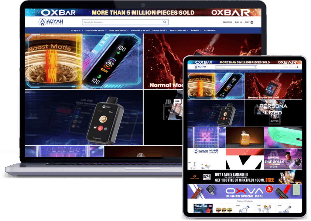A laptop and tablet displaying the "OXYBAR ADYAH WHOLESALE" website, featuring vape products and deals.