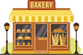 Cartoon-style bakery storefront with loaves of bread in the window and street lamps on sides.