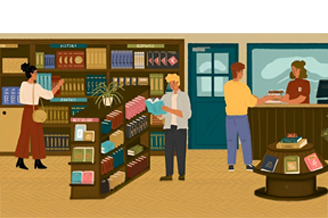 Hand-drawn bookstore with shelves full of colorful books and a red-white striped canopy.