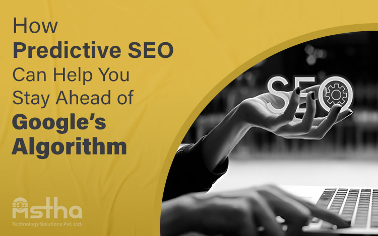 Text about predictive SEO in yellow and black. A hand holds SEO icons while typing on a keyboard.