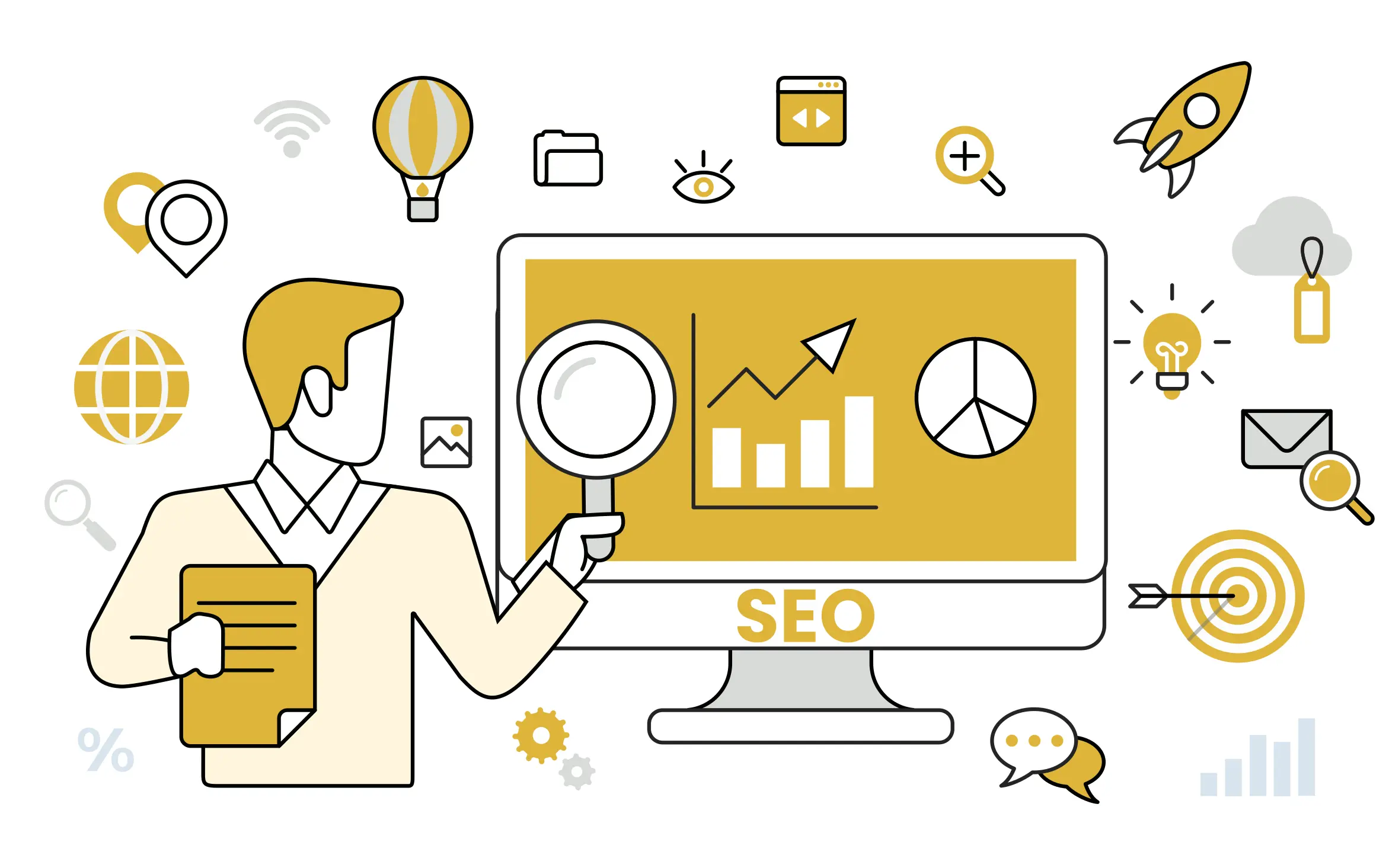 SEO and digital marketing illustration with professional analyzing charts, graphs and strategy icons