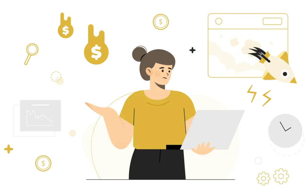 Digital marketing concept illustration of woman analyzing online revenue, growth metrics, and performance data