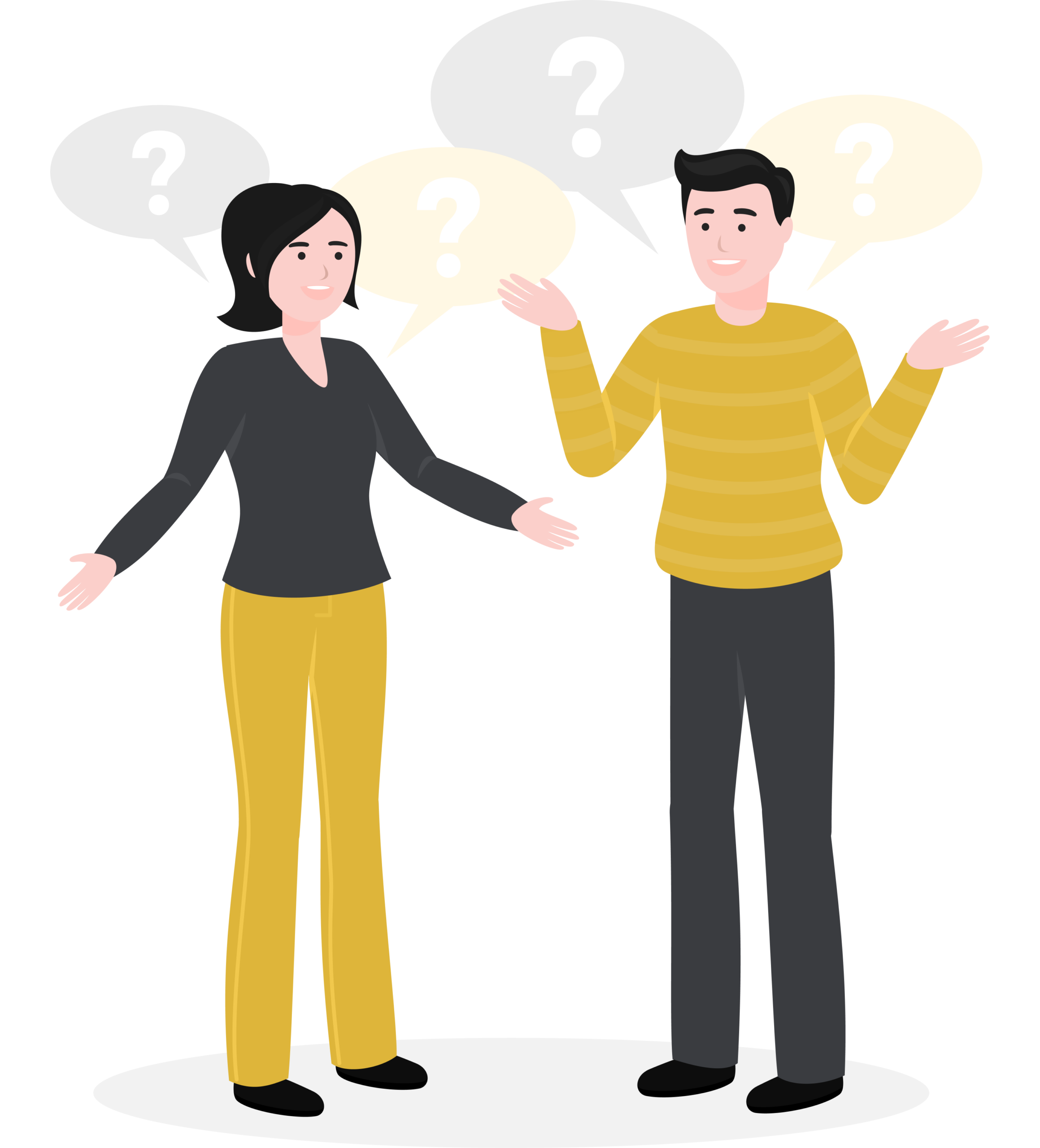 Illustration of two people having a conversation with question mark speech bubbles