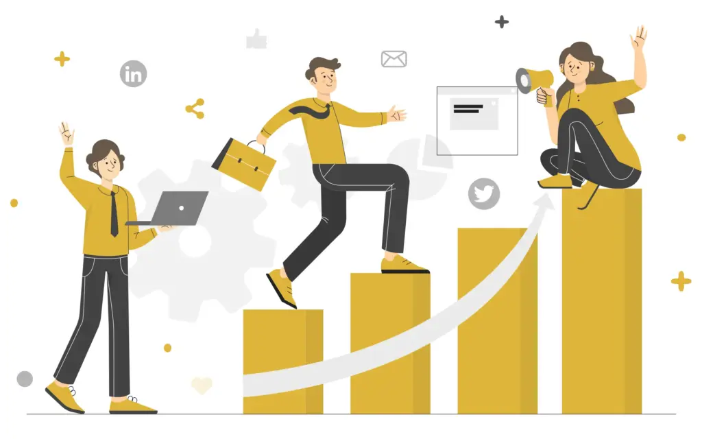 Illustration of a marketing team climbing growth bars, showing digital strategy and success