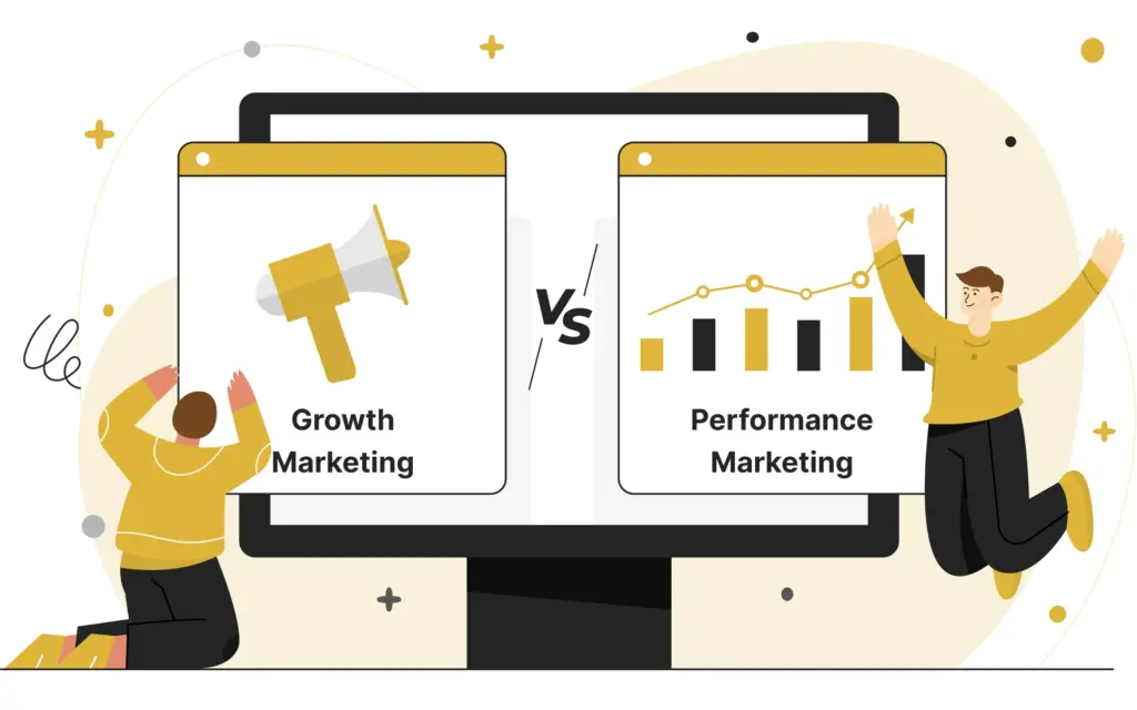 Illustration comparing growth marketing vs performance marketing with charts, icons, and business growth concepts