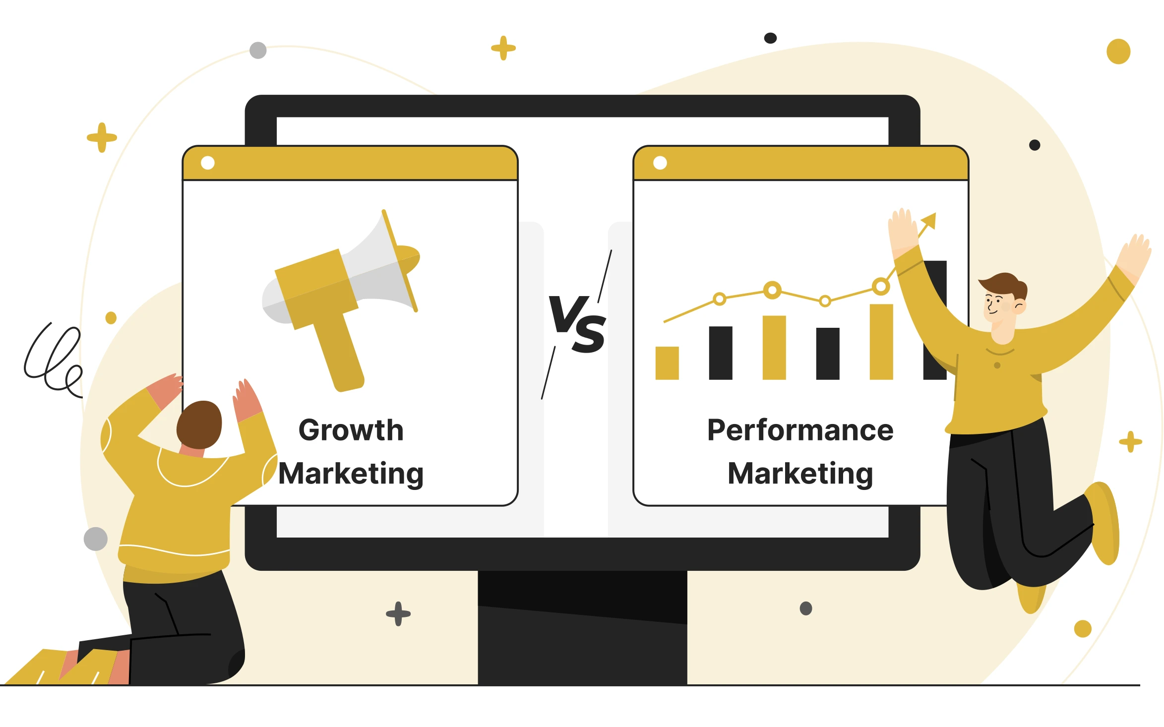 Illustration comparing growth marketing vs performance marketing with charts, icons, and business growth concepts